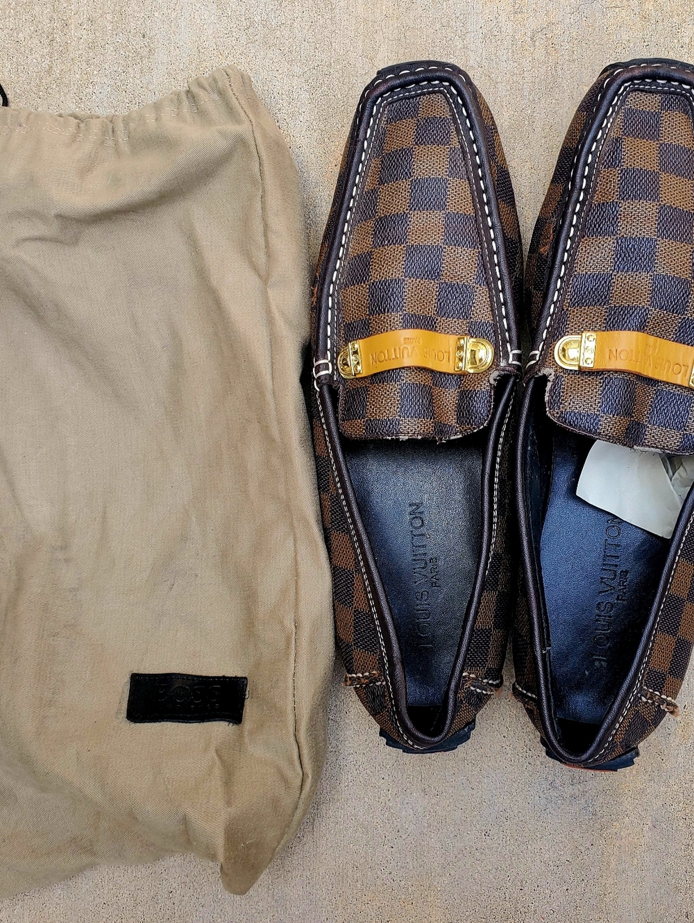 Louis Vuitton Brown Damier Gold-Accent Slip-On Loafers...Men's Europe Size 46